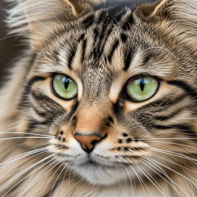 Close-up macro photograph of the face of a Norwegian Forest Cat