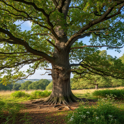 A realistic depiction of a mature Oak (trees) in its typical natural environment