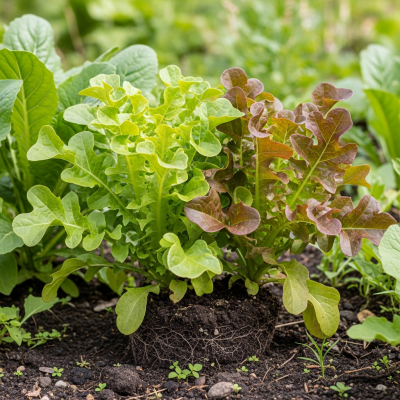 Naturalistic photograph of Oakleaf Lettuce growing in a field or garden, representing its environment as part of the taxonomy lettuce