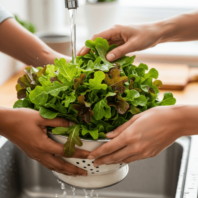 Photograph of a diverse pair of hands preparing or serving Oakleaf Lettuce in a kitchen setting
