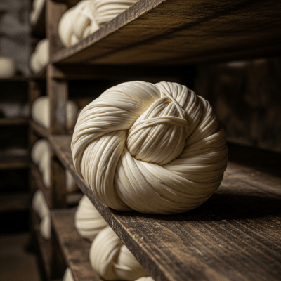 A whole wheel or block of Oaxaca, shown in an artisanal cellar or aging environment typical for this cheese