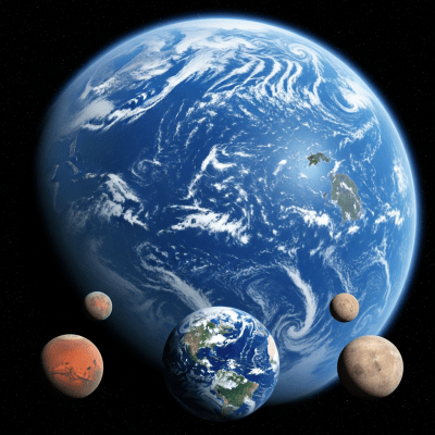 Illustration of a Ocean planet (planets) as it might appear in an educational context, with canonical example planets shown nearby for reference