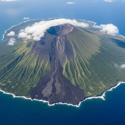 Aerial view photograph of the Oceanic volcano, showcasing its shape and crater from above