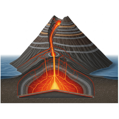 Scientific cross-sectional illustration of the Oceanic volcano