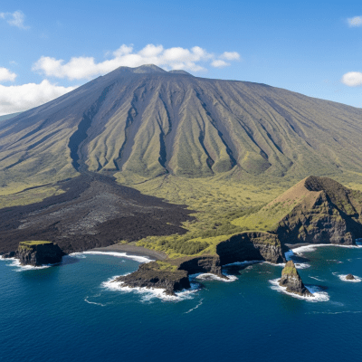 Natural landscape image showing the Oceanic volcano in its real-world environment, emphasizing its geological features and surrounding terrain