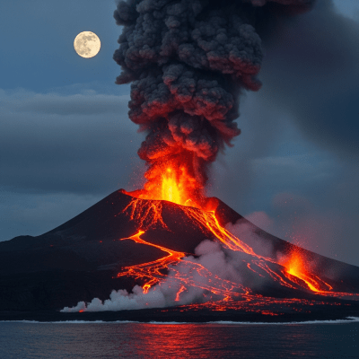 Image depicting the Oceanic volcano during an eruption event, capturing lava flow, ash plume, and dynamic movement