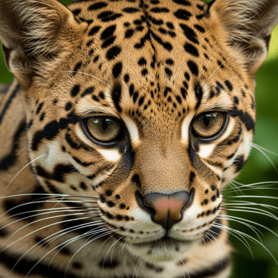 Close-up macro photograph focusing on the facial features and fur texture of a Ocelot