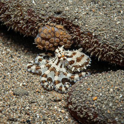Illustration of a Octopus Wolfi displaying camouflage behavior within its environment, blending into rocks, sand, or coral