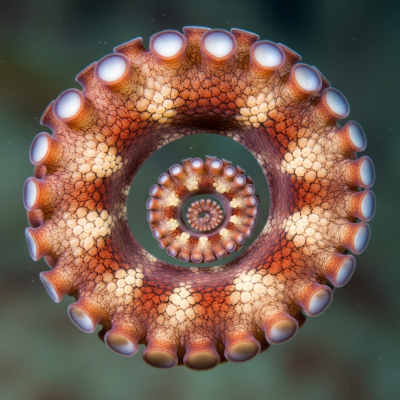 Naturalistic close-up photograph of a single arm of a Octopus Wolfi, focusing on the suckers, skin texture, and coloration details