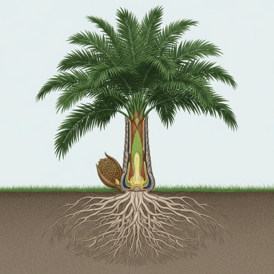 Cross-sectional scientific illustration of a Oil Palm