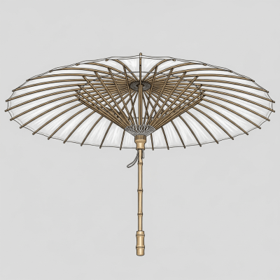 Detailed cross-sectional illustration of a Oil-paper Umbrella, showing the internal structure such as ribs, shaft, and canopy fabric
