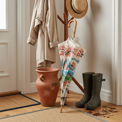 Image of a Oil-paper Umbrella displayed alongside typical items it is paired with (e