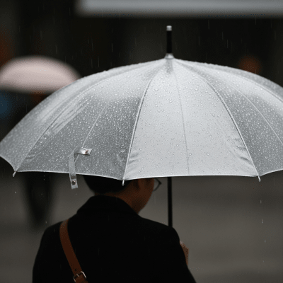A realistic image of a Oil-paper Umbrella (umbrellas) being used outdoors during a light rain, with droplets visible on the umbrella surface