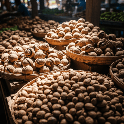 Photo showing harvested Okari nut (nuts) nuts in bulk, such as in baskets or containers