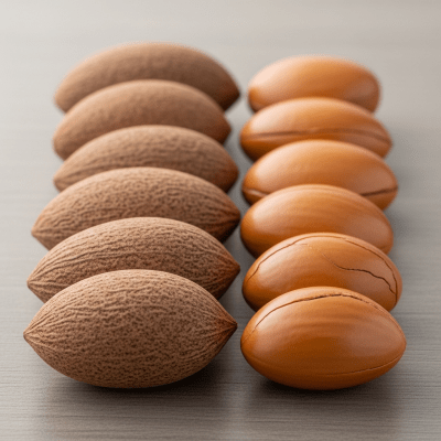 Image of a handful of unshelled and shelled Okari nut (nuts), side by side