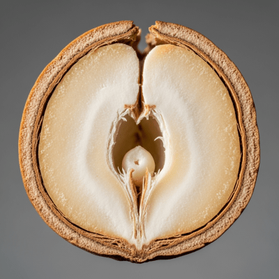 Macro close-up image showing the interior cross-section of a Okari nut (nuts)