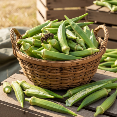 Image showing freshly harvested Okra, displayed in a farmer's market basket or crate
