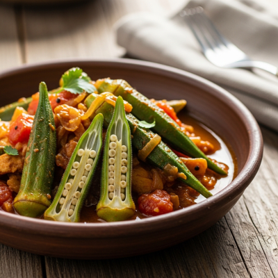 Photograph of a prepared dish or serving featuring the Okra, as commonly used in cuisine within the taxonomy vegetables
