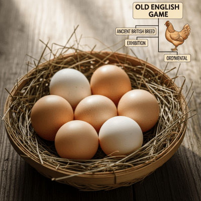 Image depicting eggs laid by a Old English Game, contextualized within the chicken taxonomy