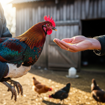 Photograph of a Old English Game from the chicken taxonomy interacting with humans in a typical farm setting