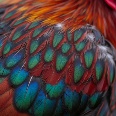 Close-up macro photograph highlighting the feather texture and coloration of a Old English Game from the chicken taxonomy