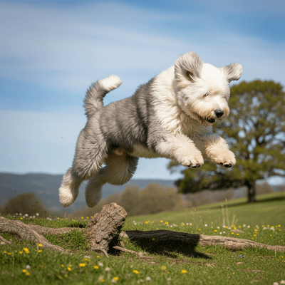 Full body action shot of a Old English Sheepdog