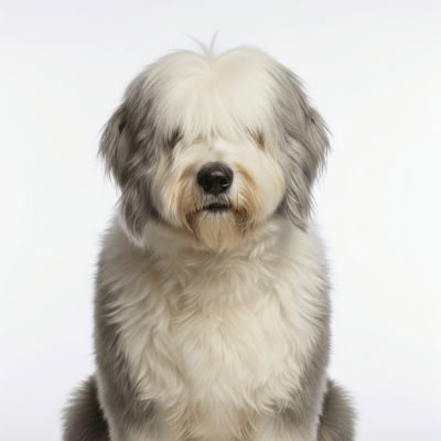 High quality studio photograph of a single Old English Sheepdog