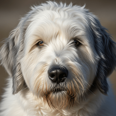 Close-up photograph of the face of a Old English Sheepdog
