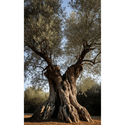 Striking editorial image of a single Olive (trees), photographed from a low angle to emphasize its grandeur.