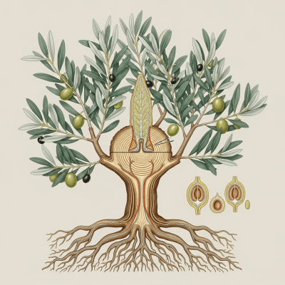Detailed botanical illustration of the internal structure of a Olive