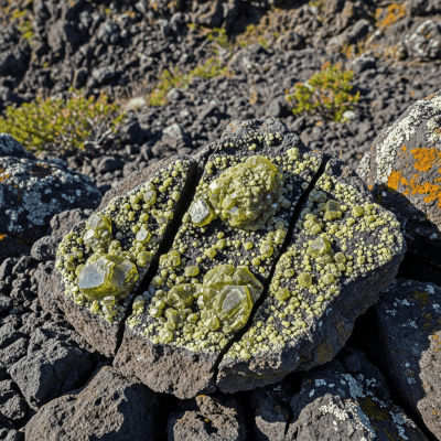 Naturalistic scene featuring Olivine in its typical geological environment, as categorized by minerals