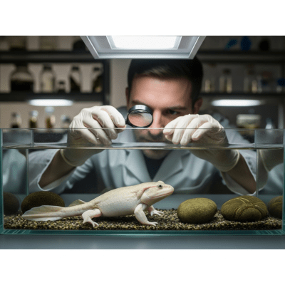 Photograph showing a Olm in interaction with humans or within a cultural context, such as being observed by scientists or featured in educational settings