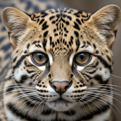 Close-up macro photograph focusing on the facial features and fur texture of a Oncilla