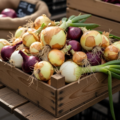 Image showing freshly harvested Onion, displayed in a farmer's market basket or crate