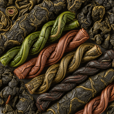 Macro photograph focusing on the texture and details of Oolong Tea leaves, within the taxonomy teas