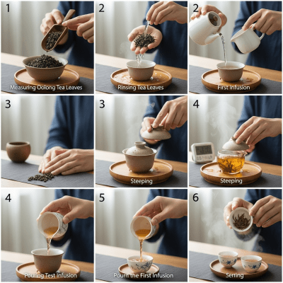 Step-by-step visual depiction showing the preparation process for Oolong Tea, within the taxonomy teas