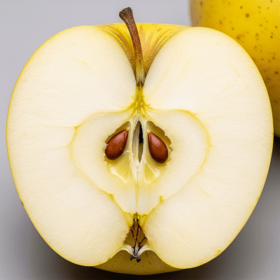 A close-up image showing a cross-section of a Opal of the taxonomy apples, sliced cleanly in half to reveal internal structure, seeds, and flesh