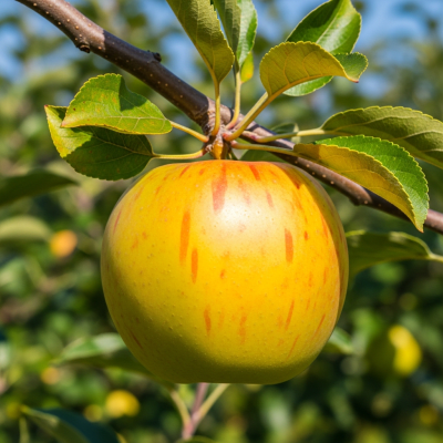 A naturalistic photograph of a Opal, hanging on its tree branch with leaves visible