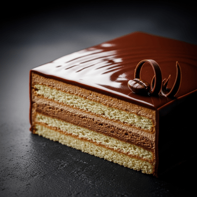 Editorial-style hero shot of a beautifully presented Opera Cake, from the cake taxonomy.