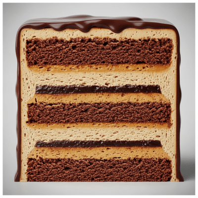 Detailed cross-sectional view of a sliced Opera Cake (cake), showing internal layers, textures, and ingredients