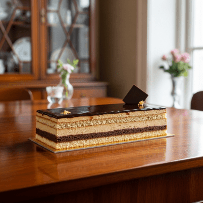 A realistic image of a whole Opera Cake (cake) displayed on a classic dessert table in a home or bakery setting