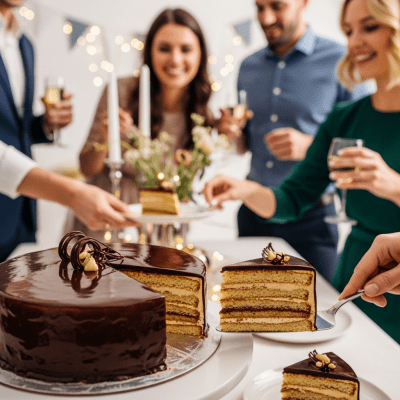 A scene showing the Opera Cake (cake) being served or enjoyed at a festive occasion, such as a birthday party or wedding