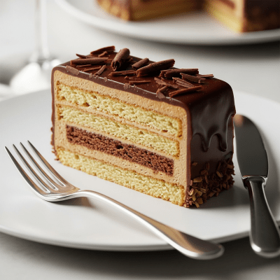 An image of a single slice of Opera Cake, from the cake taxonomy, isolated on a plate with simple cutlery