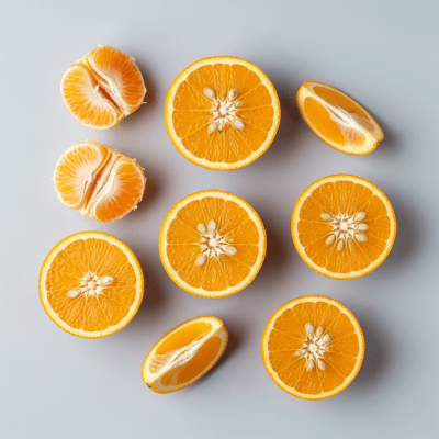 An overhead view photograph of several pieces of the Orange, from the fruits taxonomy, arranged aesthetically on a plain background