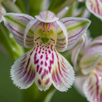 Detailed macro image of a Orchid (flowers), focusing on the intricate structure of petals, stamens, and pistil
