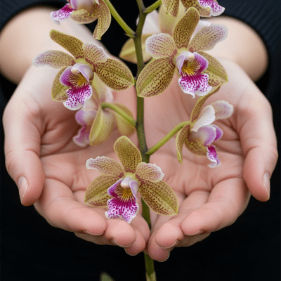 Photograph of a Orchid (flowers) being held or interacted with by a person in a gentle way