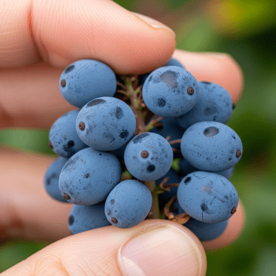 A factual photograph of a hand holding a ripe Oregon Grape, illustrating its size and appearance for the taxonomy berries