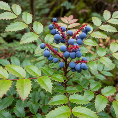 A naturalistic photograph of a Oregon Grape growing on its plant in its typical environment, representing the taxonomy berries