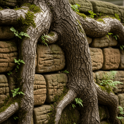Close-up detail shot of a distinctive feature or ornamentation from the Organic Architecture (architecture), showing material texture, craftsmanship, or unique design elements