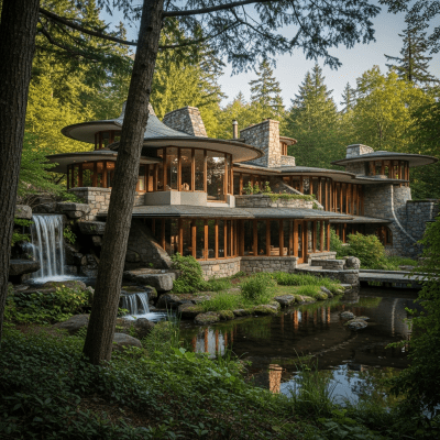 A wide-angle photograph of Organic Architecture, a type of architecture, situated in its typical environment or setting